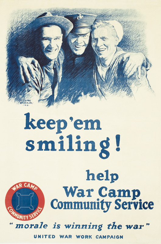 Three soldiers smile; blue, red, white