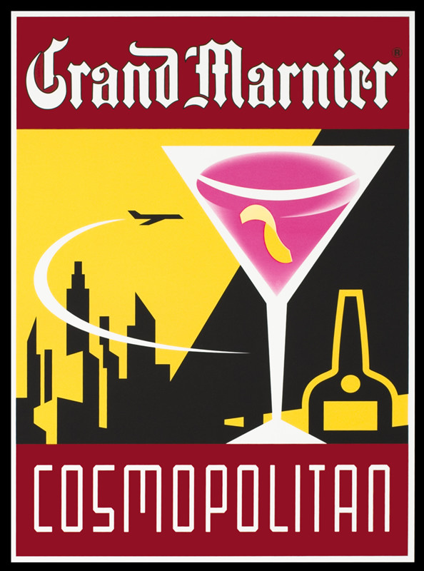 Martini with cityscape behind; red, yellow, black
