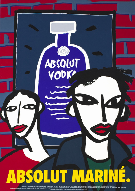 Two figures in front of brick wall with Absolut Vodka poster in background; red, blue, white, yellow