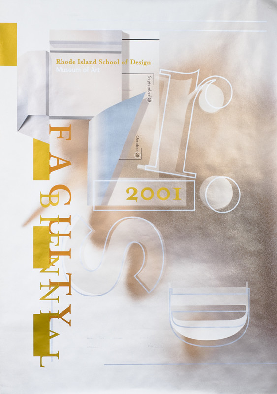 Letters and text in different orientations, geometric shapes; gold, silver, bronze, white