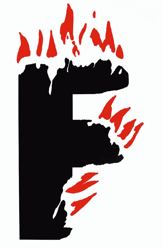 Big letter "F" with flames shooting upwards; black, white, red