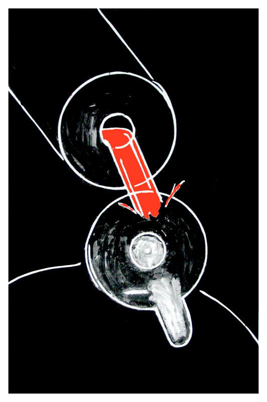Tube pouring molten metal into "Q" mold; black, white, orange