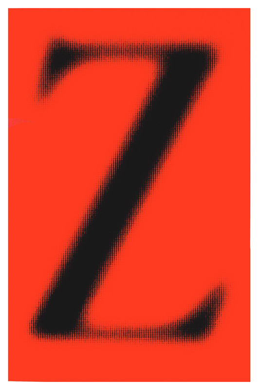 Fuzzy view of letter "Z" with pixels visible; black, orange