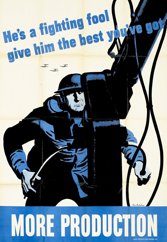 Soldier with helmet arms anti-aircraft gun, planes fly overhead; blue, white