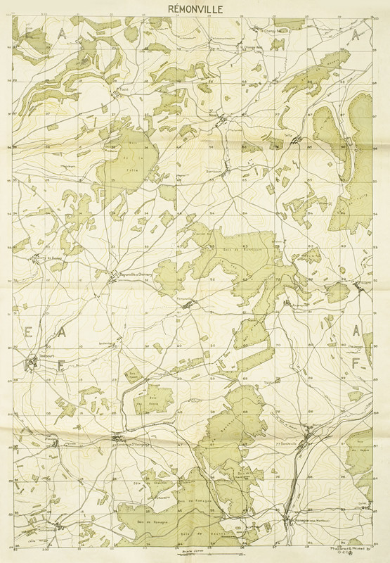Map of Remonville, France, and surrounding towns and countryside, grid; green, black