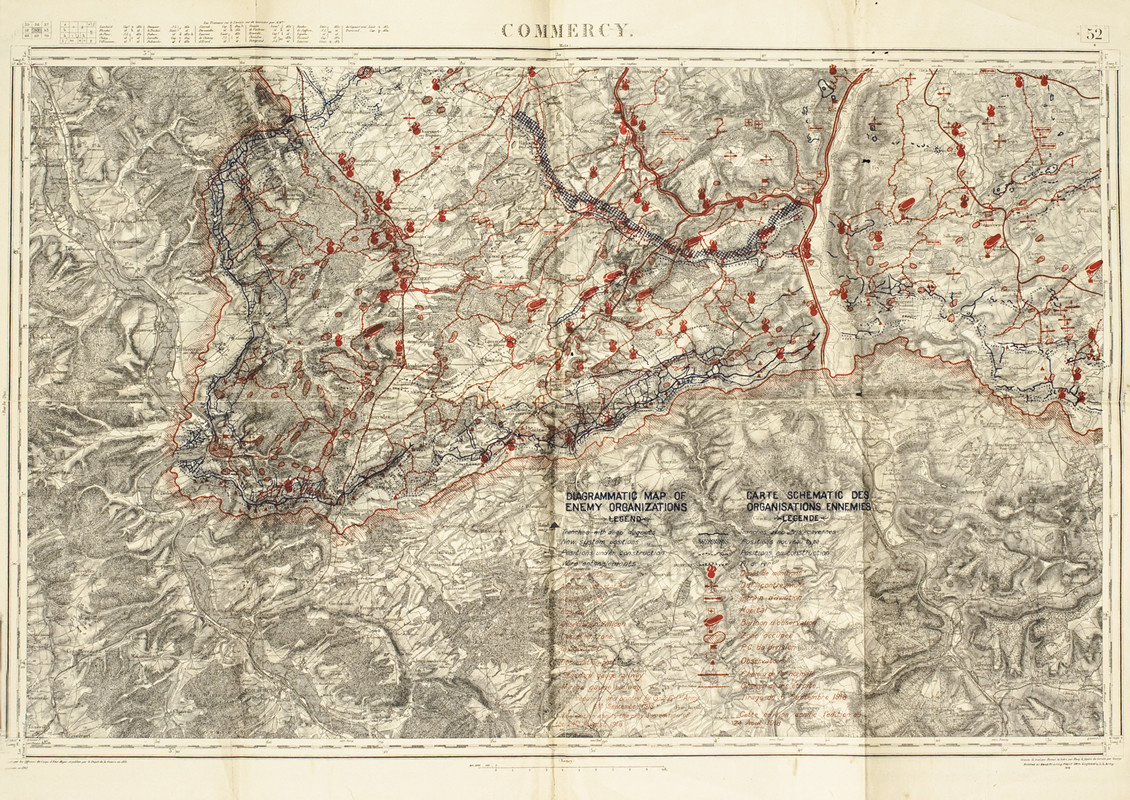 Map of Commercy and environs showing details of enemy German troop locations and movements, key in French and English; black, red, blue