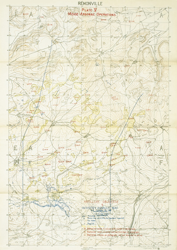 Map of Remonville and surrounding areas, artillery targets, infantry assault movements noted, key; green, black, red