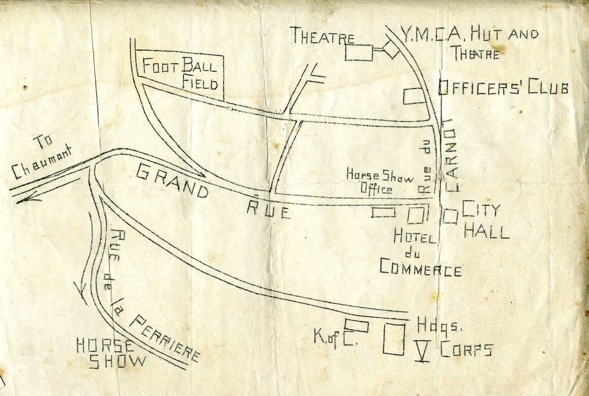 Handdrawn map of 5th Corps headquarters in Nogent, France; black, white