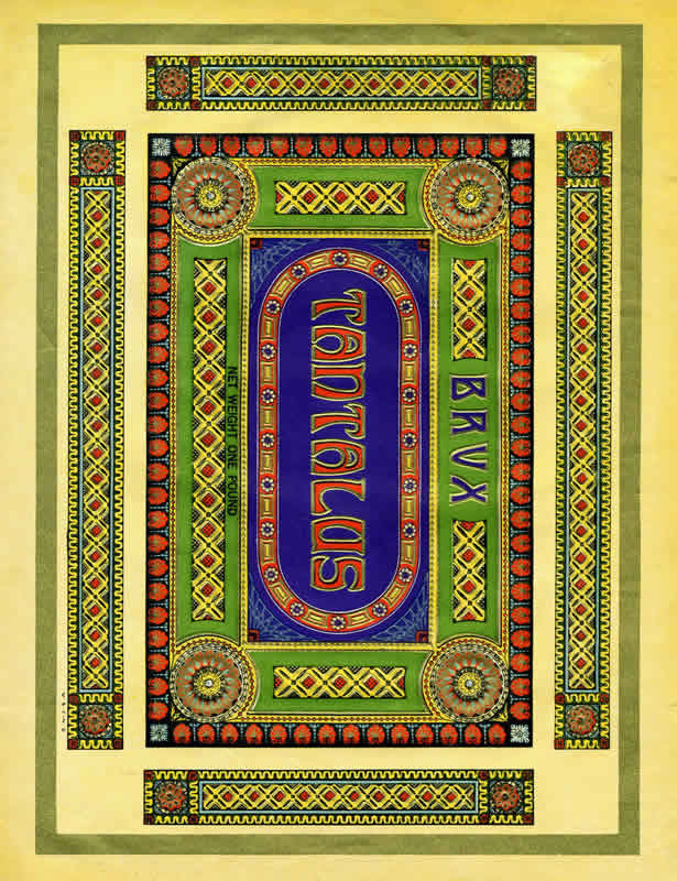 Ornamental border surrounding product name; purple, green, gold