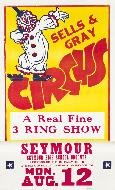 Clown gesturing, text; yellow, red, blue