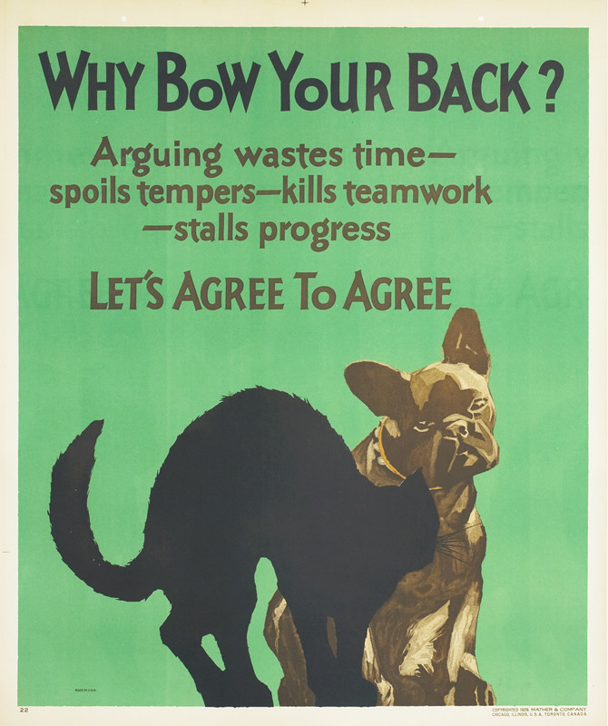 Cat with arched back and sitting French bulldog; green, black, brown