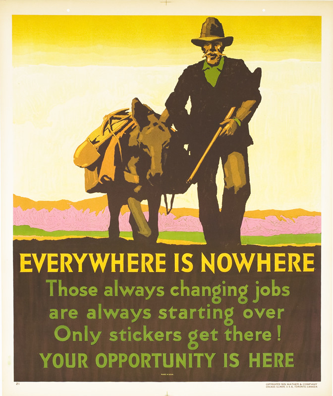 Man with moustache, hat, and gun leads mule with load on its back; brown, yellow, pink, green