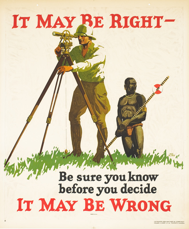 Man surveys land while African native stands behind; red, brown, green