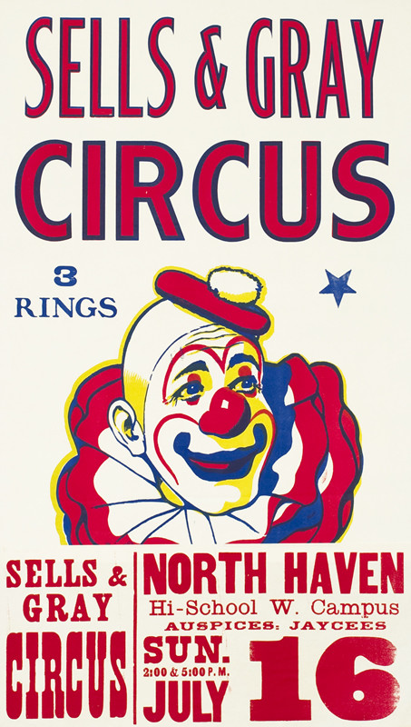 Clown's head with ruffled collar; red, blue, yellow