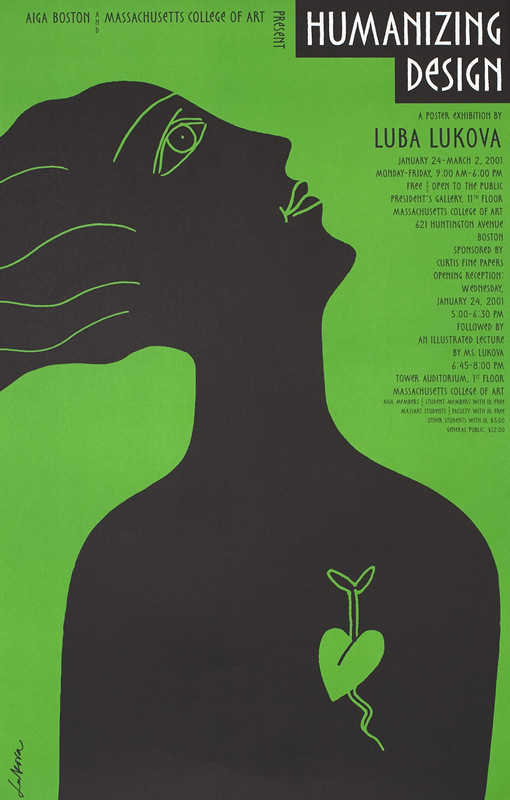 Stylized woman in profile, heart outlined; green, black