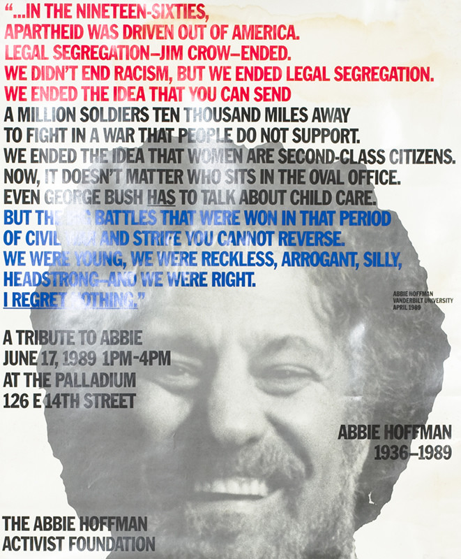 Colored text blocks over b&w photo of Abbie Hoffman's face; white, red, black, blue