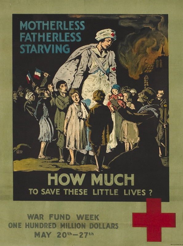 Red Cross nurse shepherds injured French children, burning building; green, black, red, blue