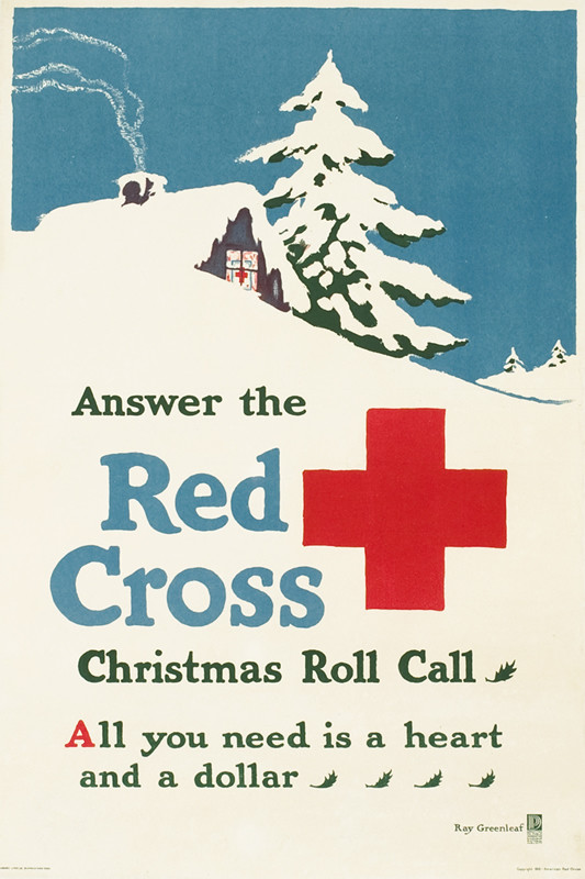 Snowbound chalet with Red Cross in window, pine tree; green, red, blue, white