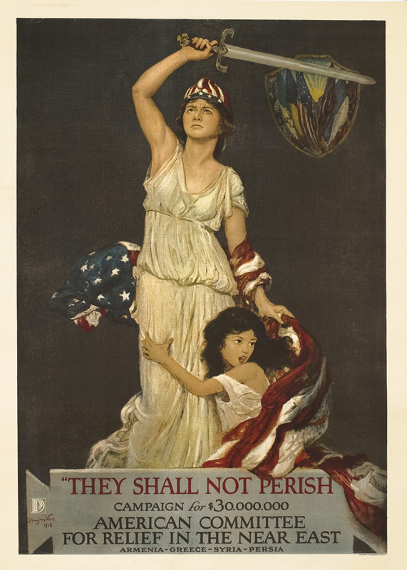 Lady Liberty with raised sword protects girl; red, gray, blue, white