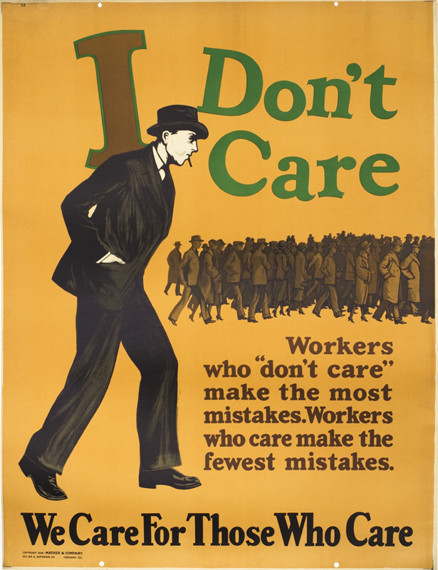 Man in business suit smokes cigarette and walks, crowd of workers behind; brown, orange, green, gray