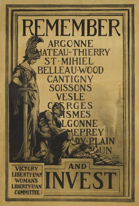 Lady liberty stands above figure crouching over bag of coins, list of battle locations; brown, black