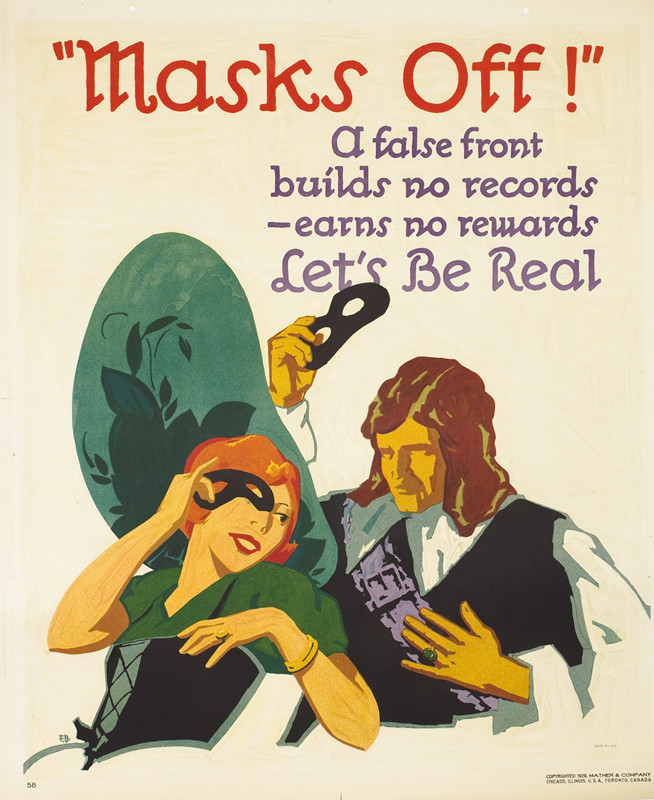 Man and woman in costume take off their masks to reveal their faces; green, black, purple
