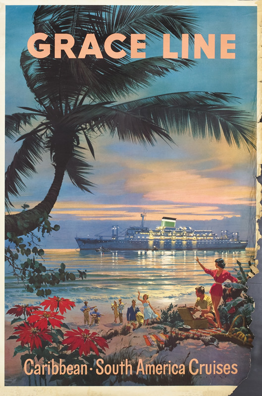 Ocean liner anchored at sea, passengers on beach having picnic at sunset, palm tree, musicians; blue, pink, green