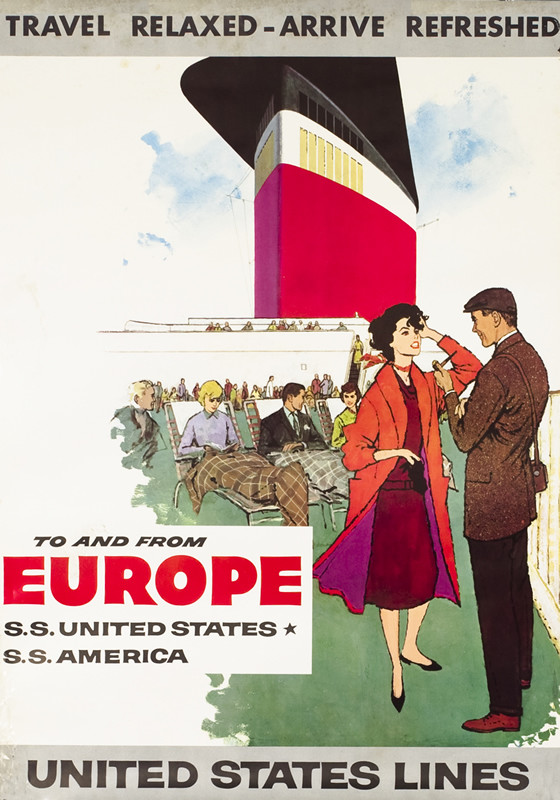 Men and women talk SS America and SS United States, relax, on deck of ocean liner; black, green, brown, red