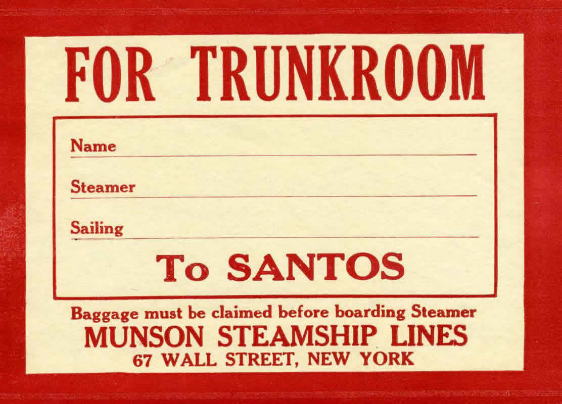 Trunkroom label for Santos, Brazil as destination, blanks for baggage claim information; red, white