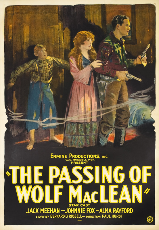 Man with two pistol steps forward, woman behind, boy pressed against door; black, yellow, brown