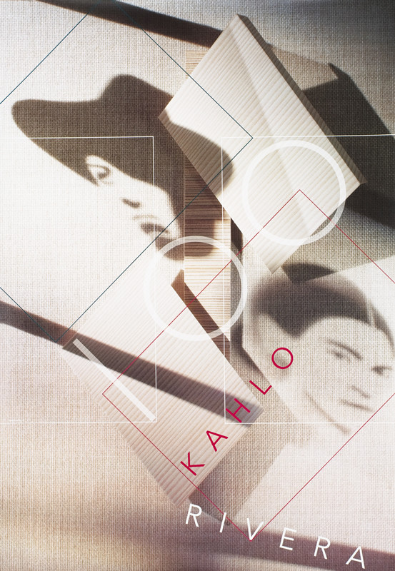 Shadowed portraits of Frida Kahlo and Diego Rivera, abstract blocks, lines; red, gray, white, peach