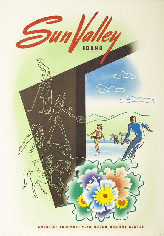 Ice skaters on pond, horseback riders, flowers, golfers, tennis players; green, white, blue, brown