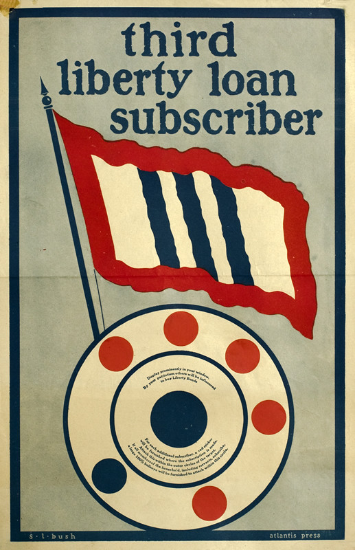 Flag with circle below with stickers for each subscribe; red, white, blue