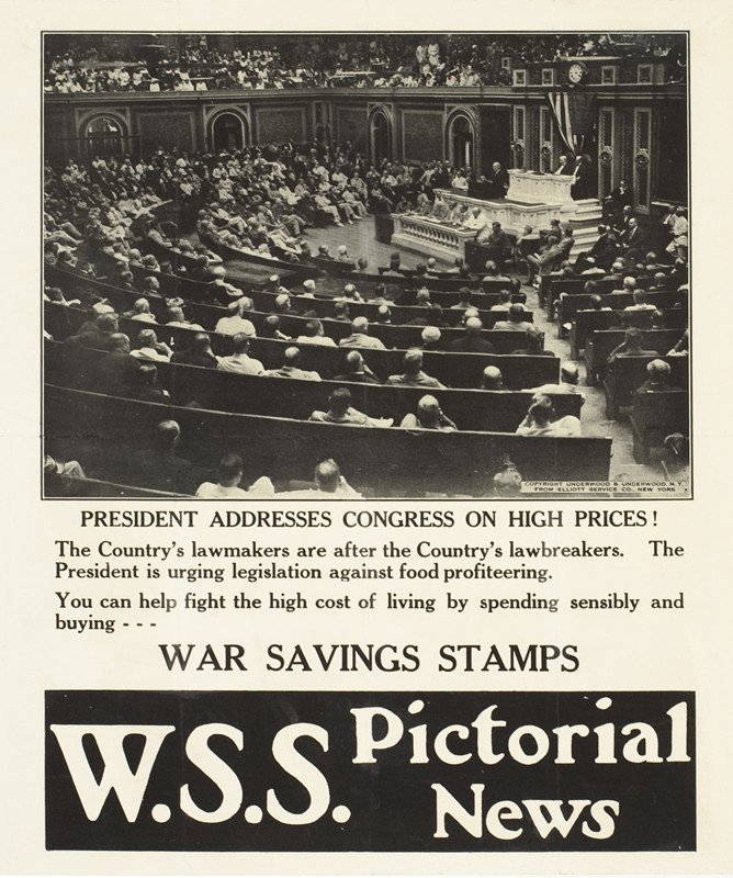President Woodrow Wilson addressing Congress from podium; white, black
