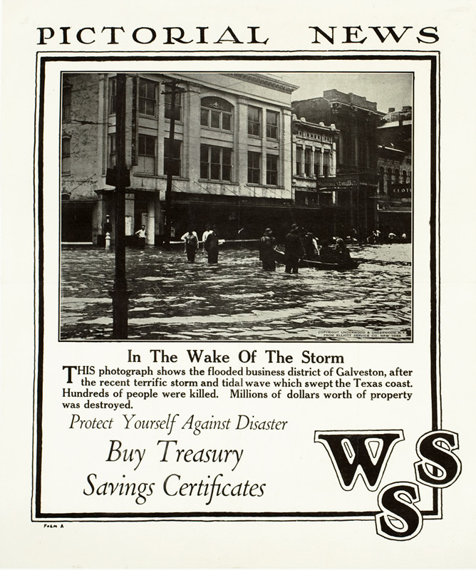 Downtown Galveston, Texas flooded after hurricane; black, white