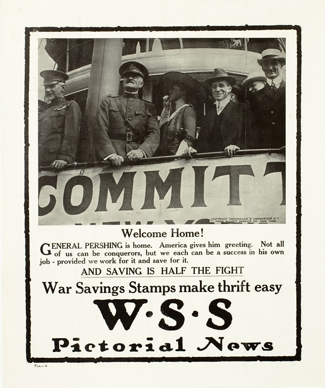 General Pershing arrives back in America from Europe on ship; black, white