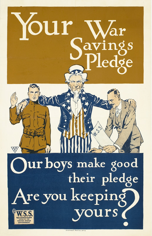 Uncle Sam holds arms around a soldier and a man with a war stamp document; brown, blue, white