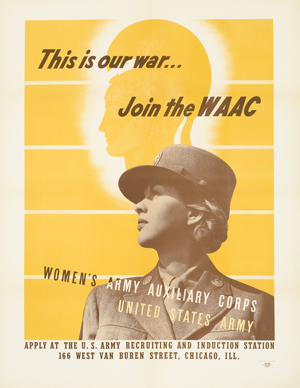 Women's Army Auxiliary Corps member in profile, insignia of helmeted female warrior behind; yellow, brown, white
