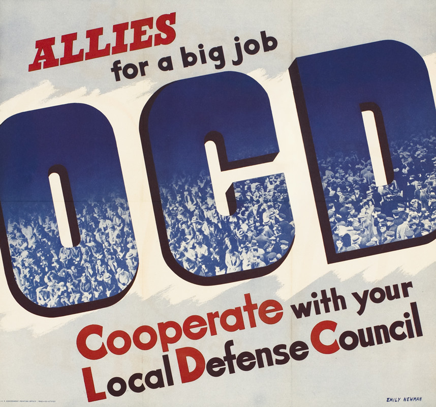 Bold "OCD" lettering filled with photomontage of crowd, slogan surrounds letters; blue, white, red, black