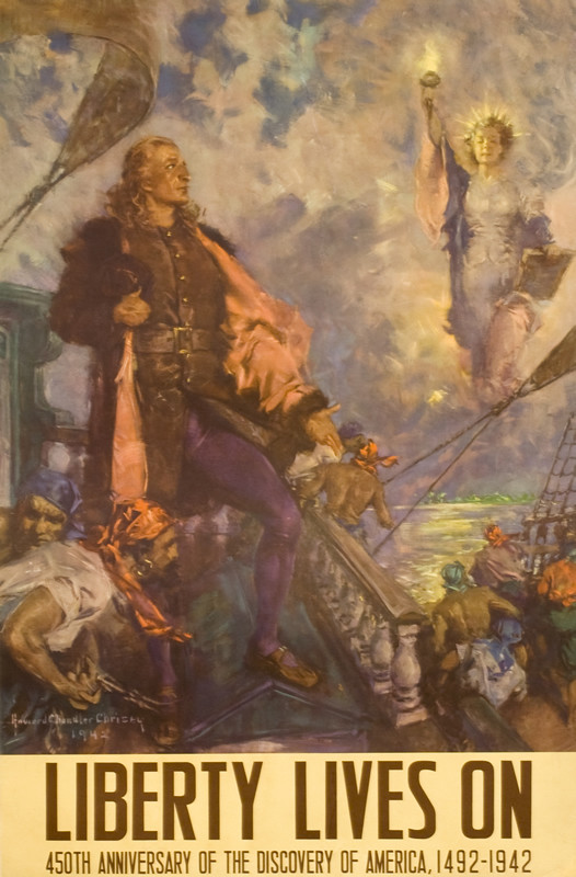 Columbus at helm of ship discovering America, personification of Liberty looks on; blue, brown, red