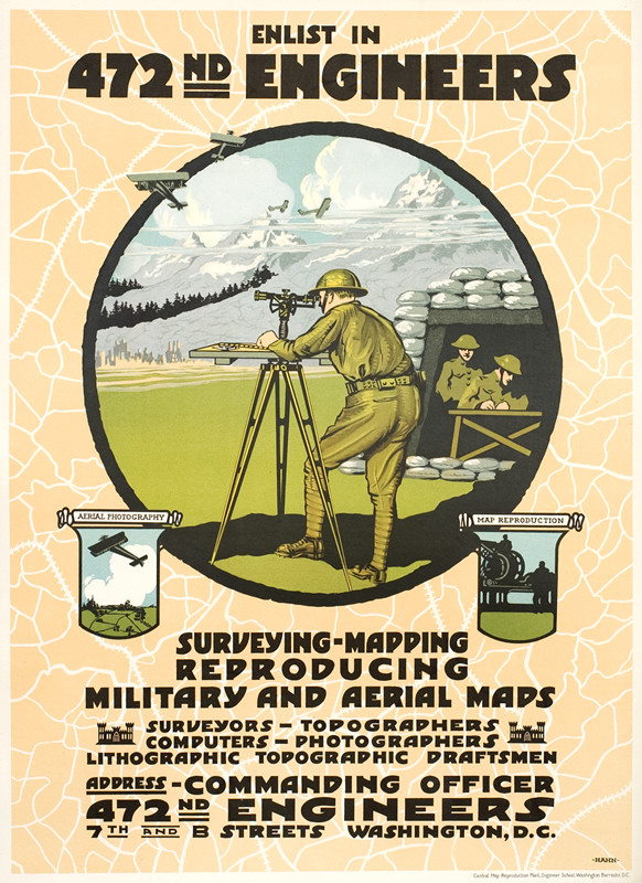 Engineer surveying field, two others in bunker working on maps; peach, green, blue