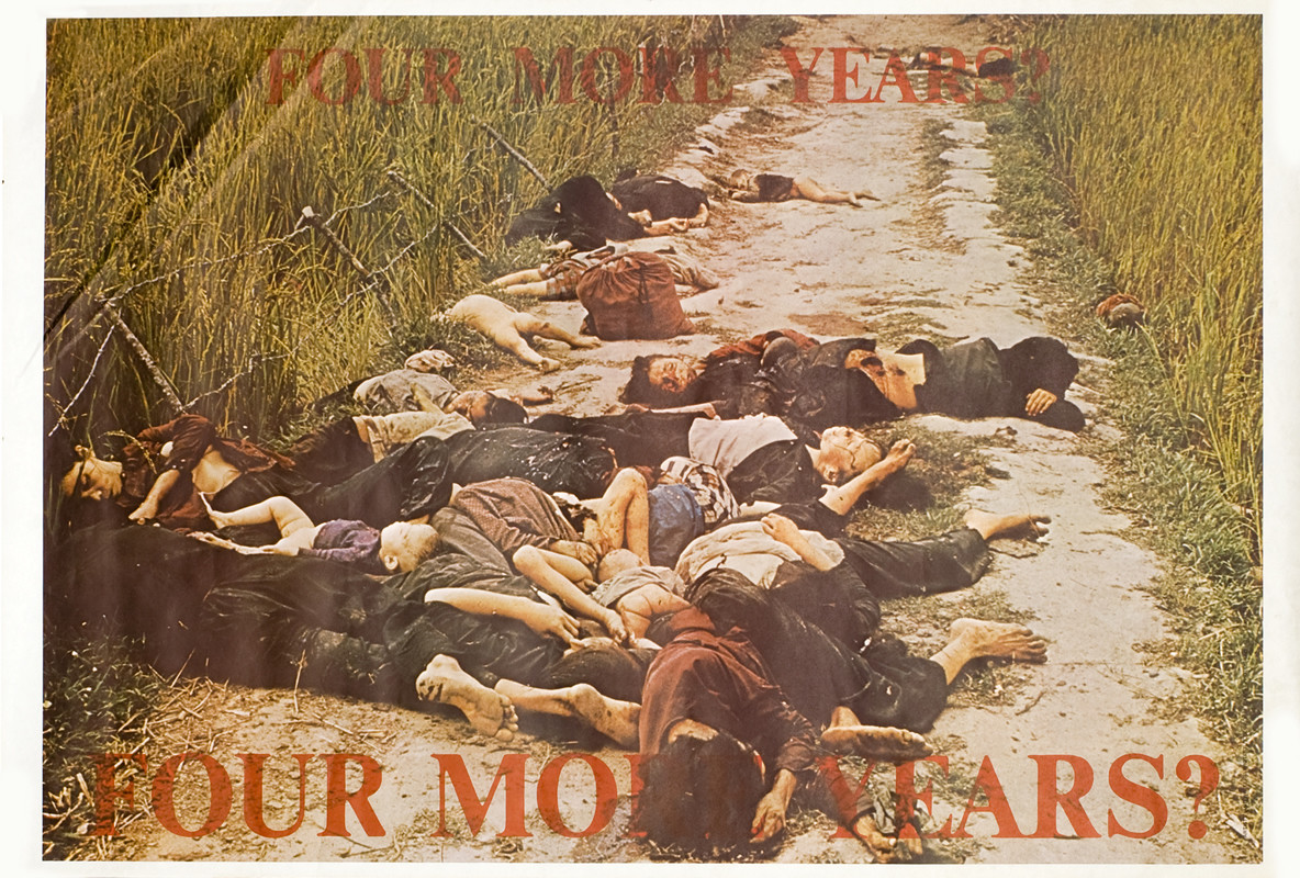 My Lai Massacre victims along dirt road; red; green