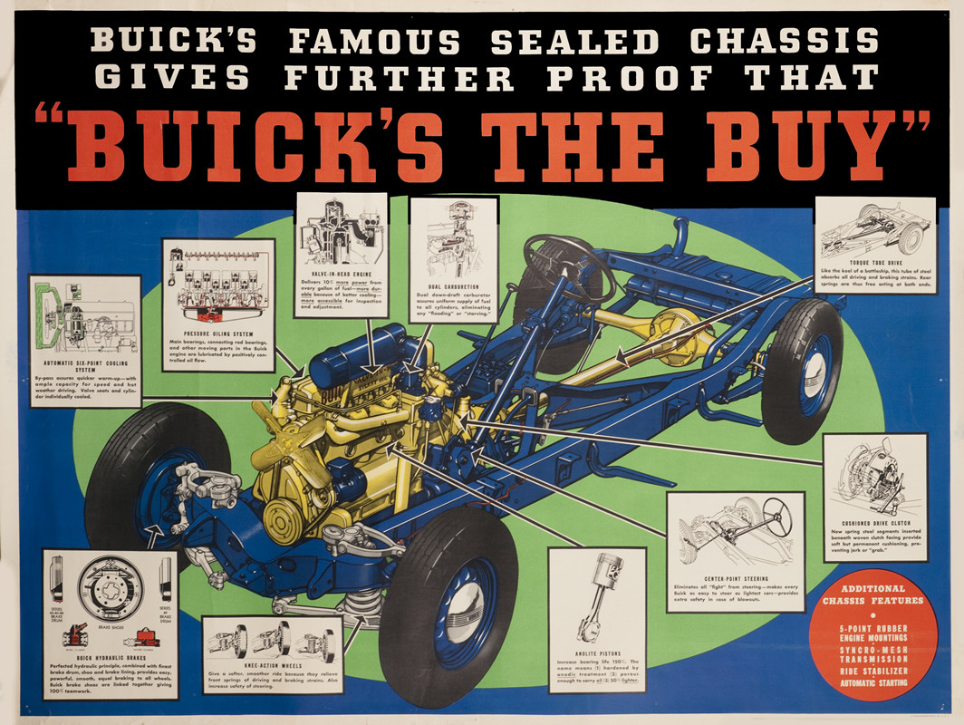 Cutaway view of inside of car, insets highlighting machinery; blue, red, green
