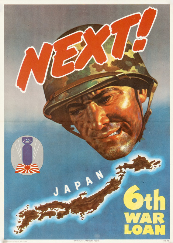 Infantryman grimaces as he looks at map of Japan; blue, red