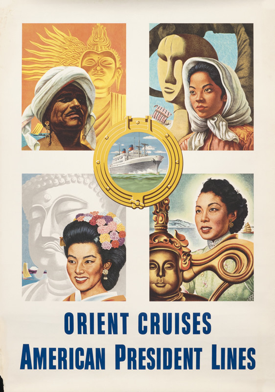 Insets of people from different Asian countries along with traditional accoutrements; white, brown, blue