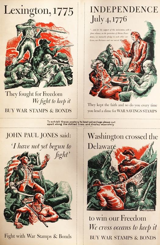 Four vignettes showing Battle of Lexington, Declaration of Independence, John Paul Jones, Washington crossing the Delaware; orange, green