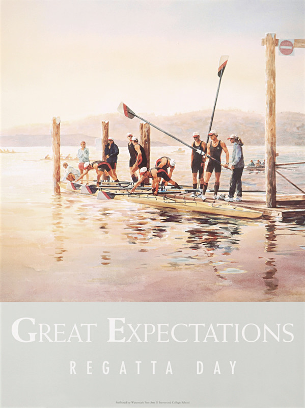 Rowers on pier prepare eight person sweep boat at dawn; purple, yellow, black, gray