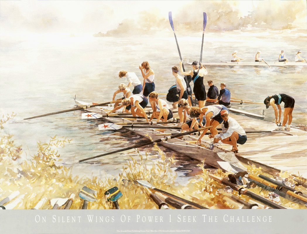 Women rowers prepare an eight person sweep boat; gray, green, black