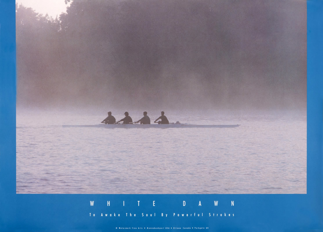 Rowers in a four person sweep boat at dawn; blue, black, purple