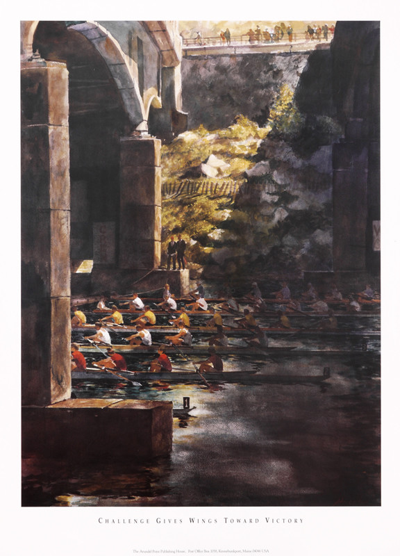 Several teams of sweep boat rowers pass under a bridge in a race; brown, green, blue, yellow